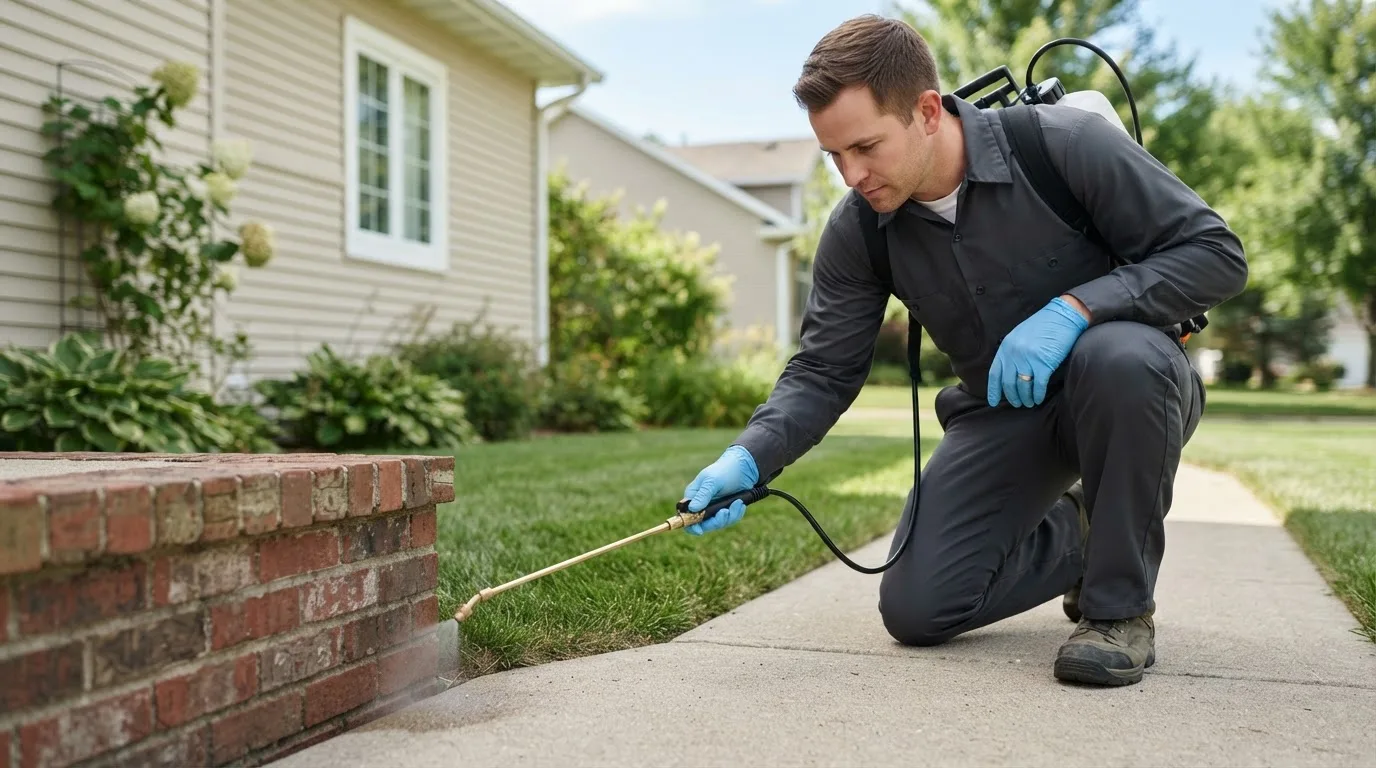 Pest control technician treating a home near Seagraves, TX